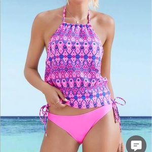 Pink/Blue Geo Design High Neck Tankini Set